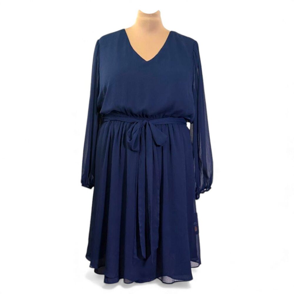 MSK Plus Size Blouson-Sleeve Tie-Waist Fit & Flare Navy Blue Dress NWT! Size 3X